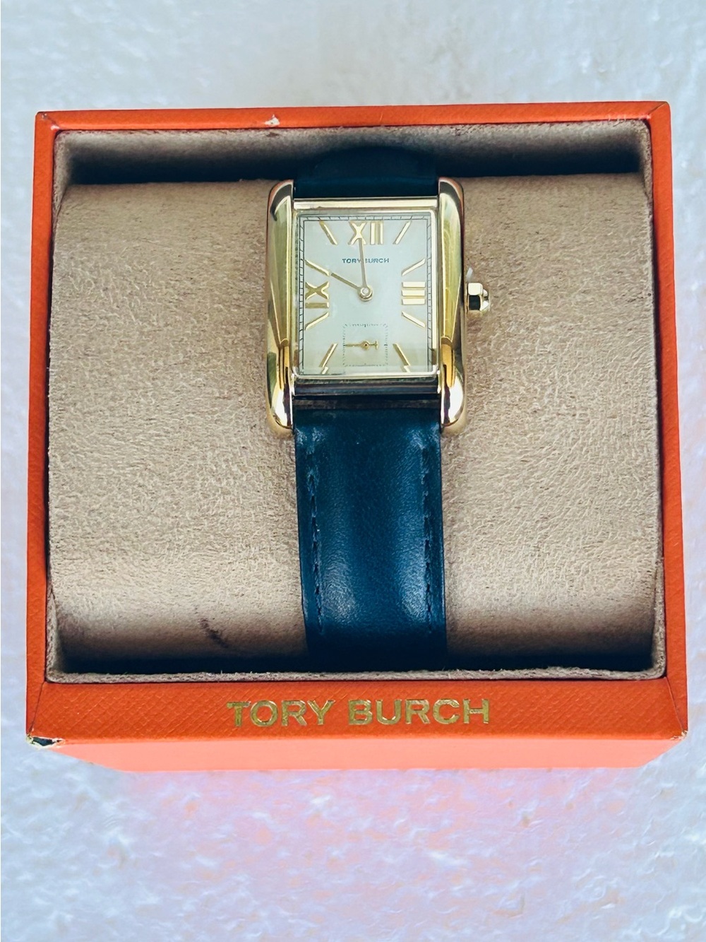Tory Burch Gold-Tone Rectangular Watch with Black Strap